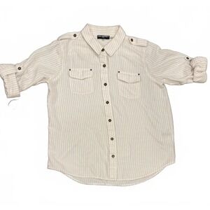 Karl Lagerfeld Paris Pink & White Striped Button-Up Shirt Rolled sleeves, sz Med